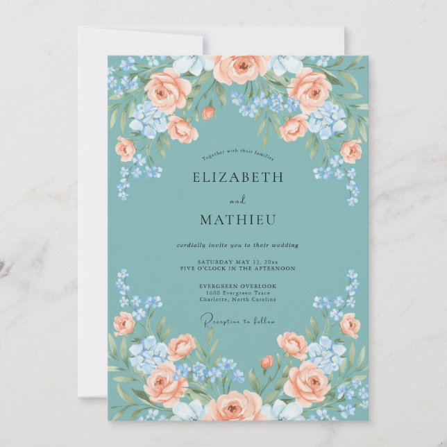 Invitation Mariage Botanique Seduisant de Teinte Turquoise (Devant)