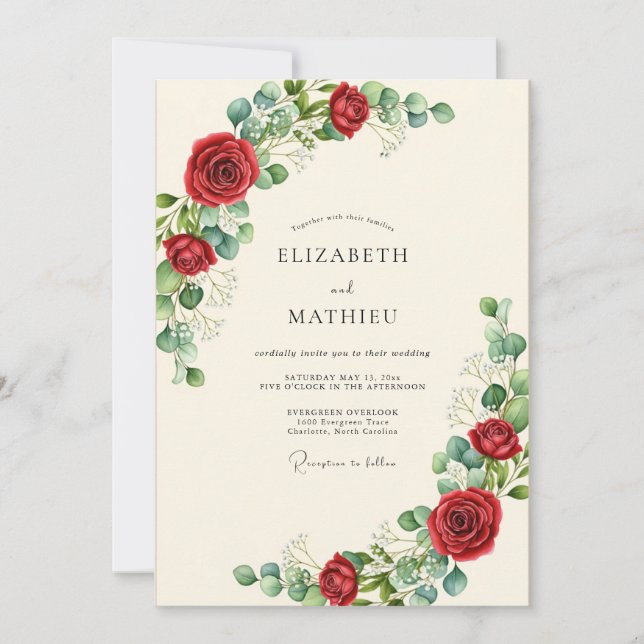 Invitation Mariage Botanique Seduisant Rouge (Devant)