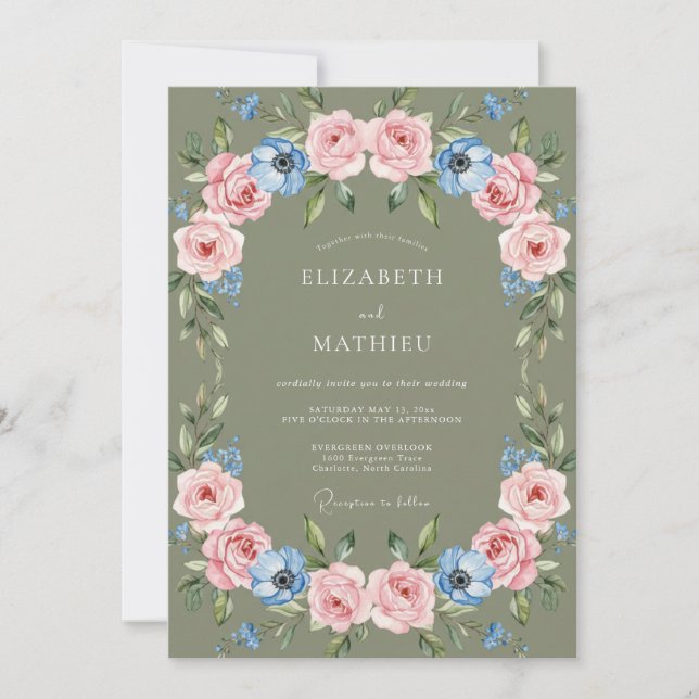 Invitation Mariage Botanique Séduisant Vert Sauge (Devant)