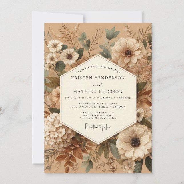 Invitation Mariage Botanique Sépia Assourdi (Devant)