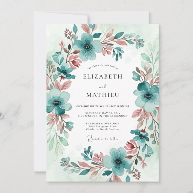 Invitation Mariage botanique serein de couleur sarcelle (Devant)