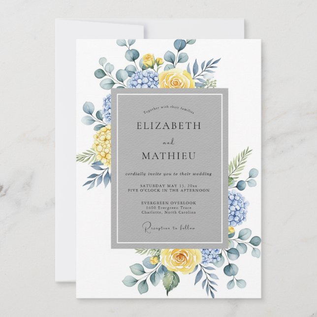 Invitation Mariage Botanique Sérène Bleu Jaune (Devant)