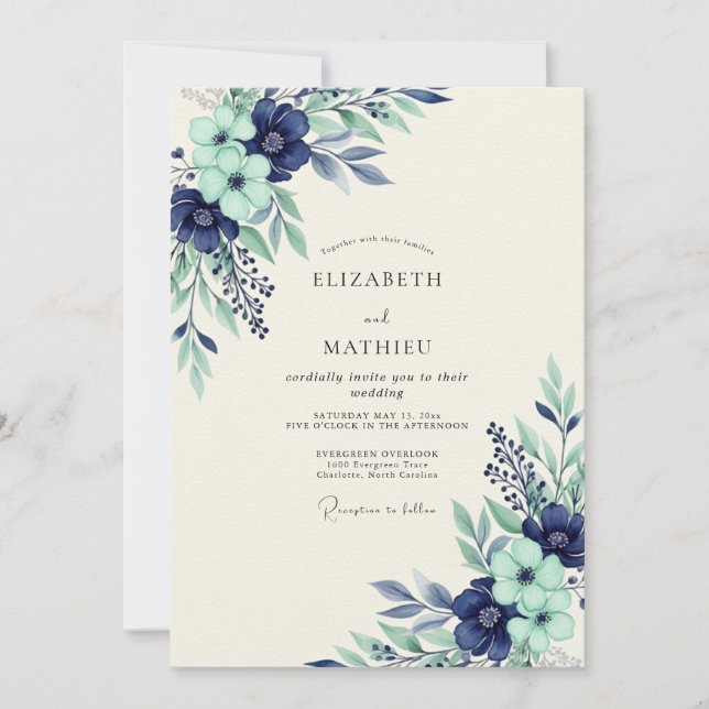 Invitation Mariage Botanique Sérène Bleu Marine Menthe (Devant)