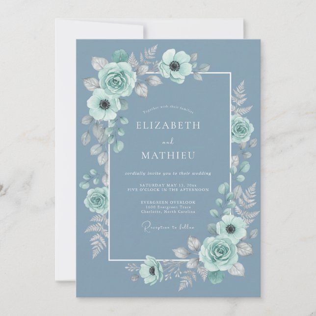 Invitation Mariage Botanique Sérénité Bleu Acier (Devant)