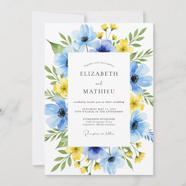 Invitation Mariage Botanique Sérénité Bleu Ciel (Devant)