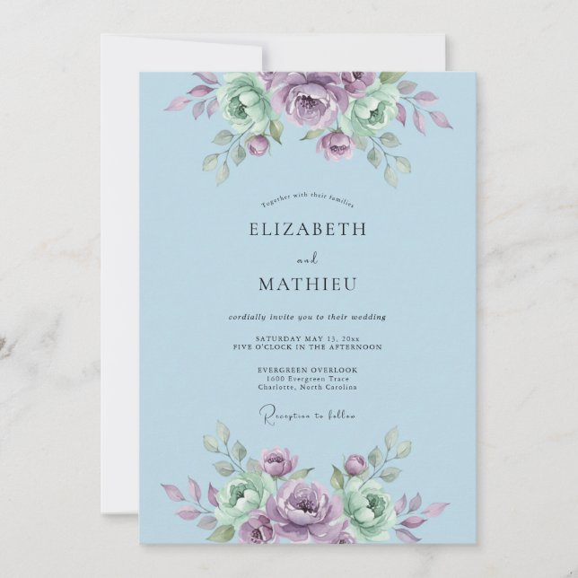Invitation Mariage Botanique Sérénité Bleu Clair (Devant)
