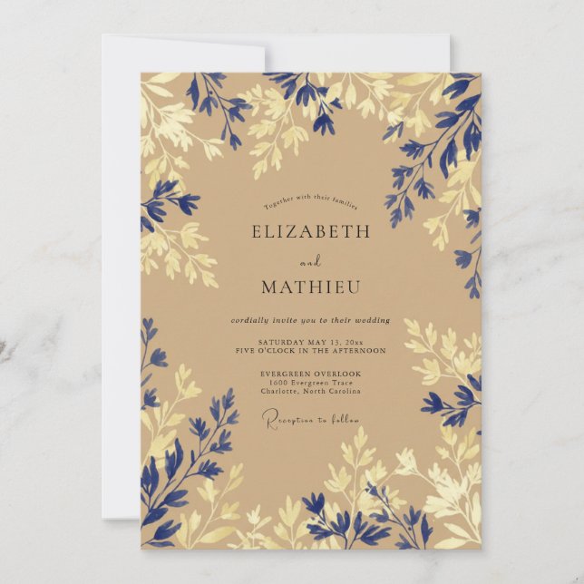 Invitation Mariage Botanique Sérénité Bleu Marine (Devant)
