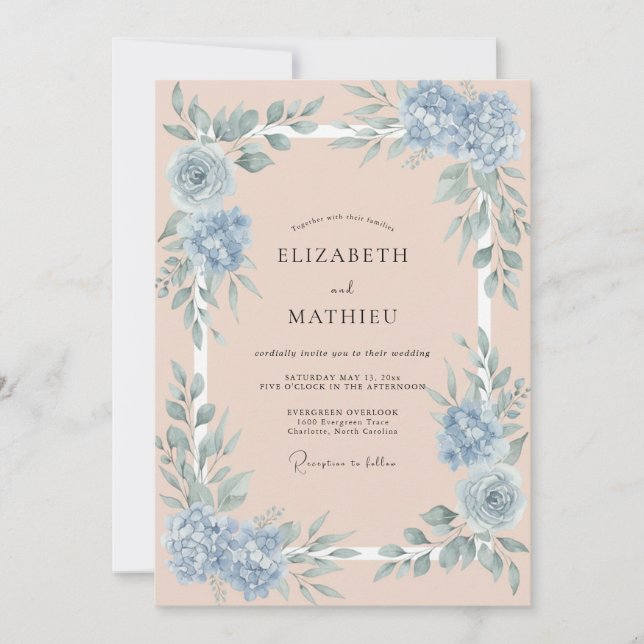 Invitation Mariage Botanique Sérénité Bleu Pêche (Devant)