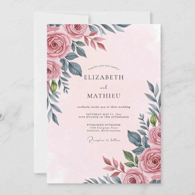 Invitation Mariage Botanique Sérénité Rose Tendre (Devant)