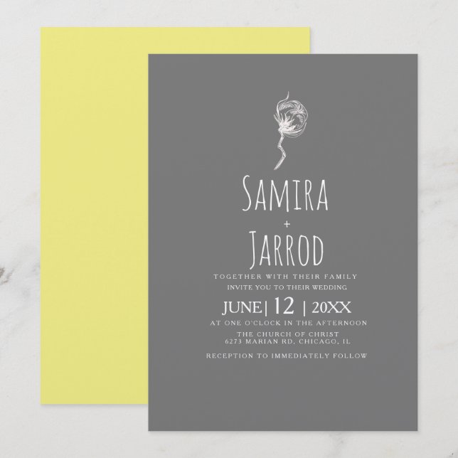 Invitation Mariage botanique simple jaune et gris (Devant / Derrière)