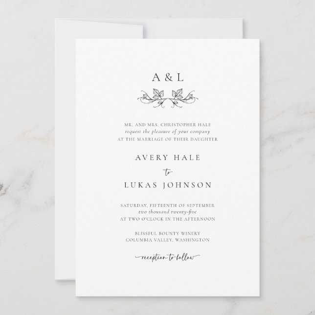 Invitation Mariage botanique simple Monogramme (Devant)
