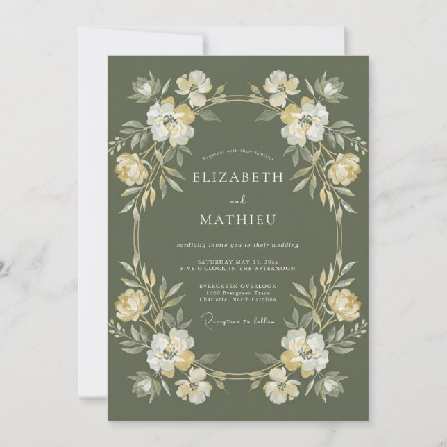 Invitation Mariage Botanique Solennel Vert Olive (Devant)