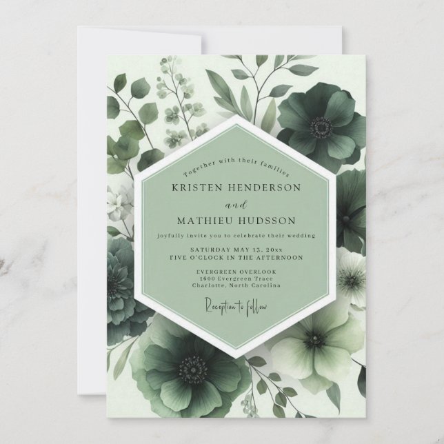 Invitation Mariage Botanique Sombre Vert Sauge (Devant)