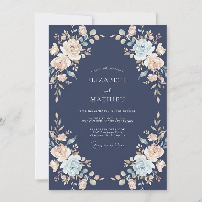 Invitation Mariage Botanique Somptueux Bleu Nuit (Devant)