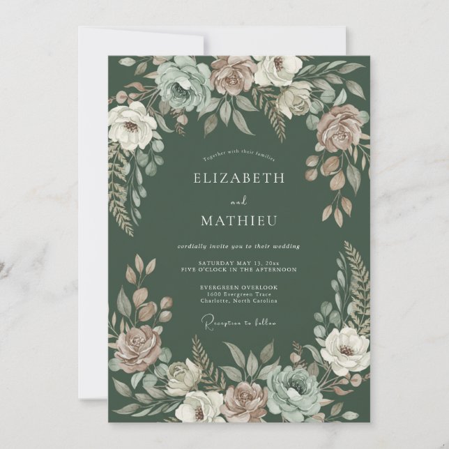 Invitation Mariage botanique somptueux vert foncé (Devant)