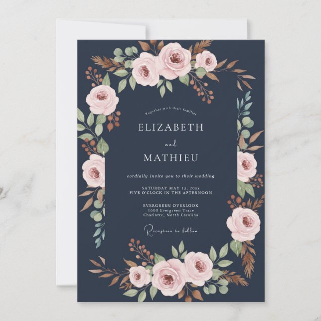 Invitation Mariage Botanique Sophistiqué Bleu Minuit (Devant)