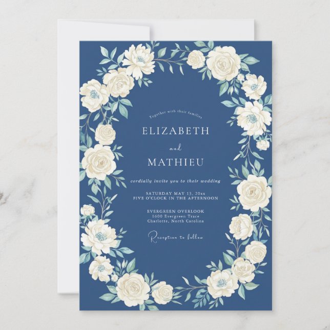 Invitation Mariage botanique sous une arche Navy et ivoire (Devant)