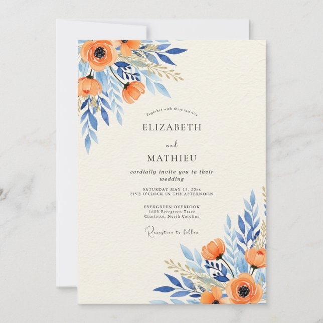 Invitation Mariage Botanique Splendide Azur Orange (Devant)