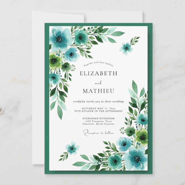 Invitation Mariage Botanique Splendide Bleu Canard (Devant)