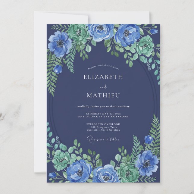 Invitation Mariage Botanique Splendide Bleu Nuit (Devant)