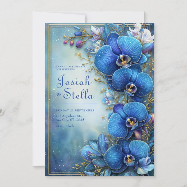 Invitation Mariage Botanique Stardust Cobalt Orchidée Dorée (Devant)