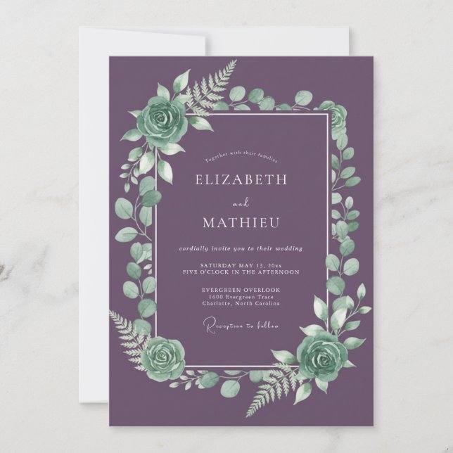 Invitation Mariage Botanique Sublime au Prune (Devant)