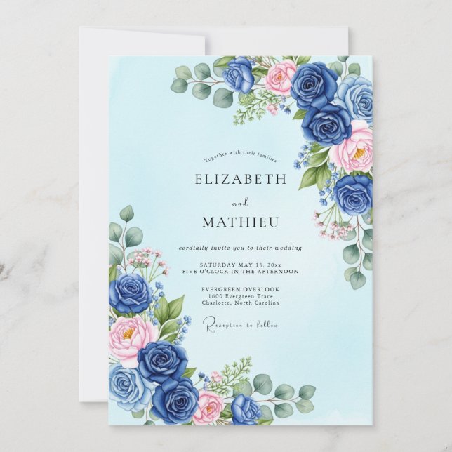 Invitation Mariage botanique sublime bleu marine de printemps (Devant)