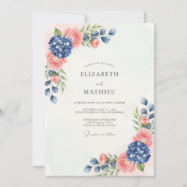 Invitation Mariage Botanique Sublime Bleu Nuit et Pêche (Devant)