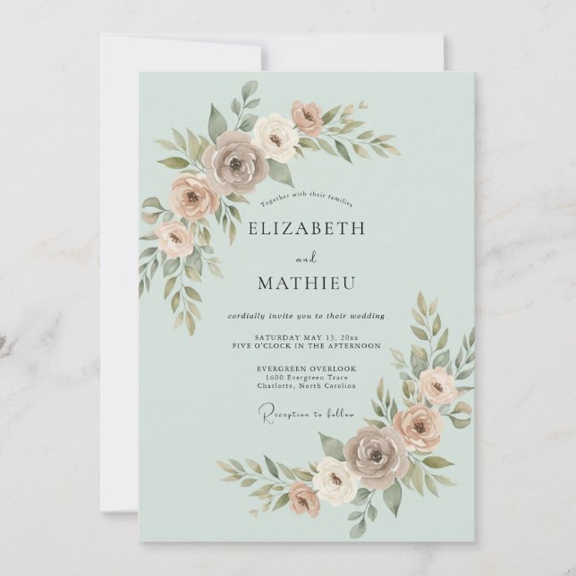Invitation Mariage Botanique Subtil Vert Menthe (Devant)