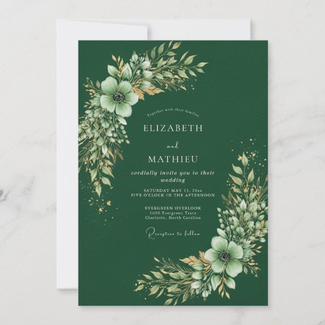 Invitation Mariage Botanique Sylvestre Vert Forêt (Devant)