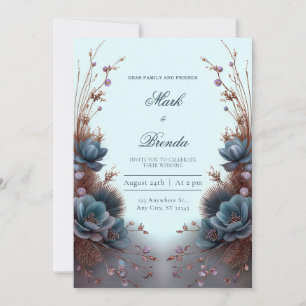 Invitation Mariage Botanique Symétrique Moderne Bleu Canard