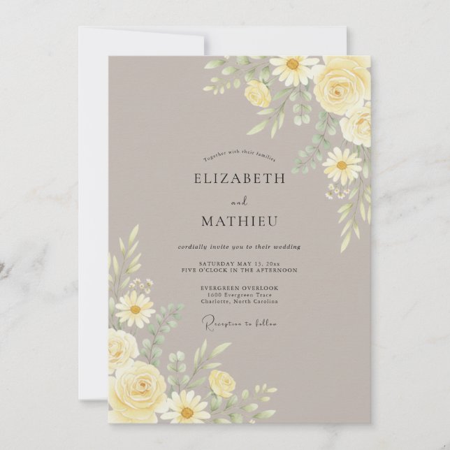 Invitation Mariage Botanique Taupe Assourdi (Devant)