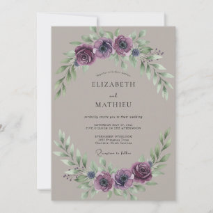 Invitation Mariage Botanique Taupe Pivoine Plum