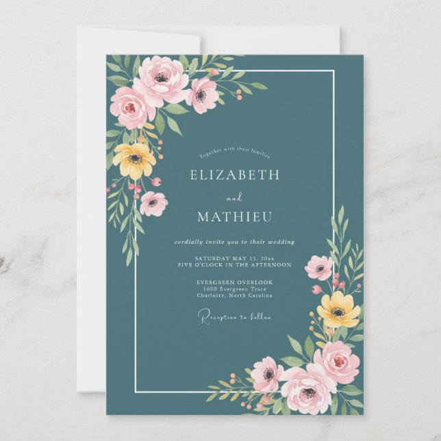 Invitation Mariage Botanique Teal Joyeux (Devant)
