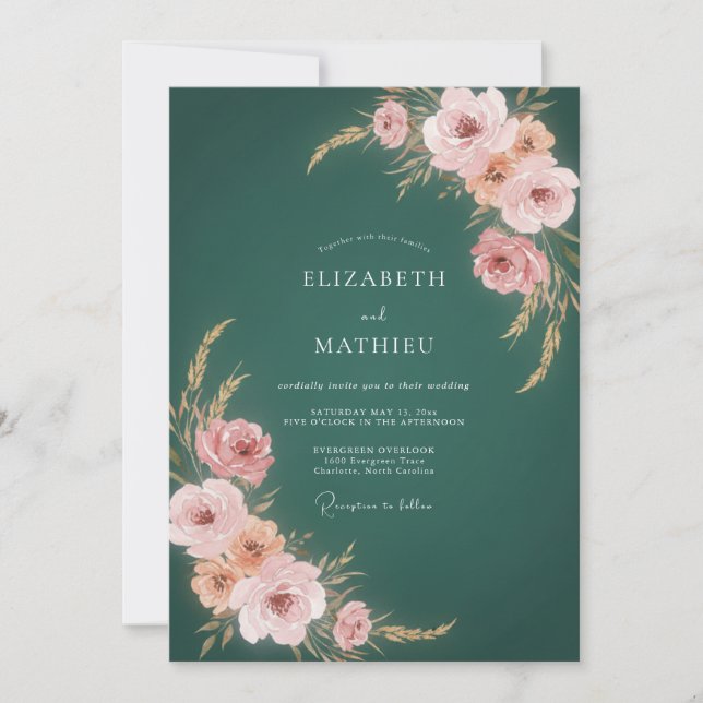 Invitation Mariage Botanique Teinte de Rose Turquoise (Devant)
