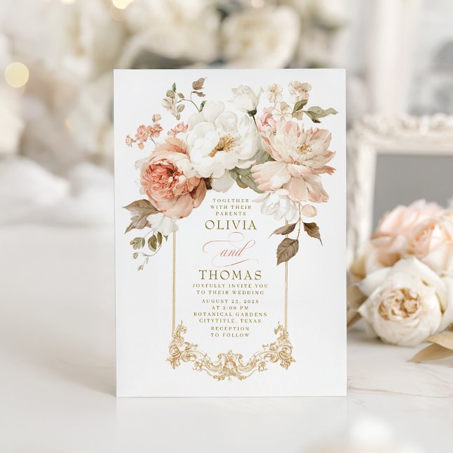 Invitation Mariage Botanique Terreux Beige et Rose Poussiéreu (Victorian Flowers Elegant Chic Botanical Wedding Invitation)