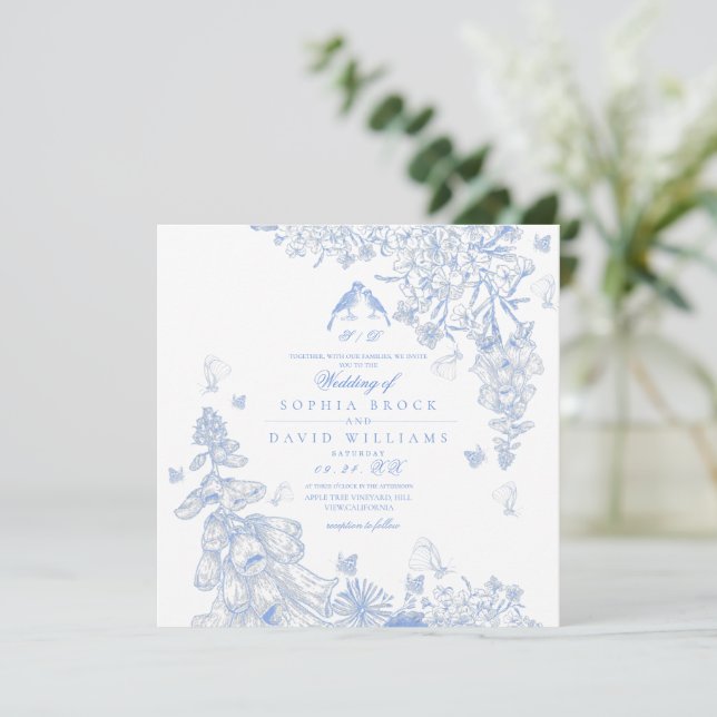 Invitation Mariage Botanique Toile Bleu Blanc  (Debout devant)