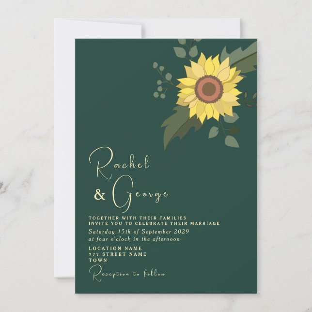 Invitation Mariage botanique Tournesol Émeraude Vert (Devant)