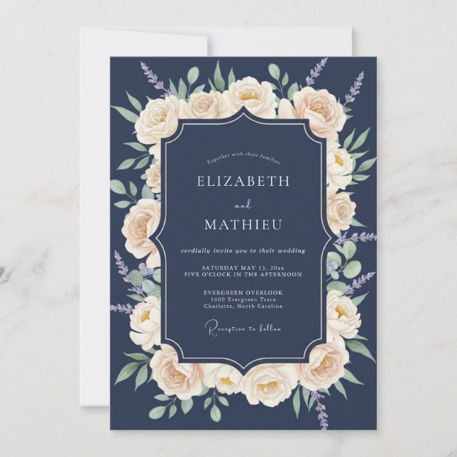 Invitation Mariage Botanique Traditionnel Bleu Marine (Devant)