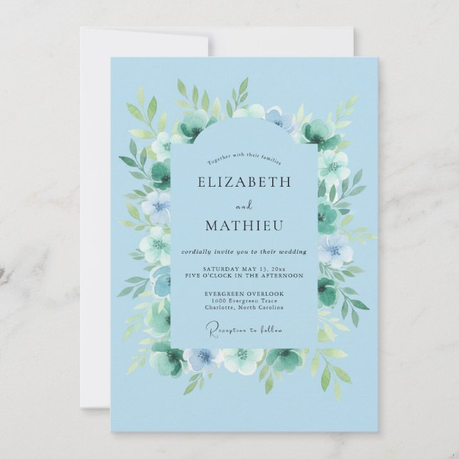 Invitation Mariage Botanique Tranquille Bleu Cyan (Devant)