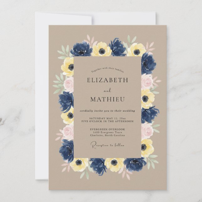 Invitation Mariage Botanique Tranquille Bleu Marine (Devant)