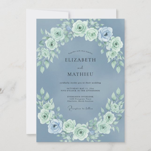 Invitation Mariage Botanique Tranquille Bleu Poussiéreux (Devant)
