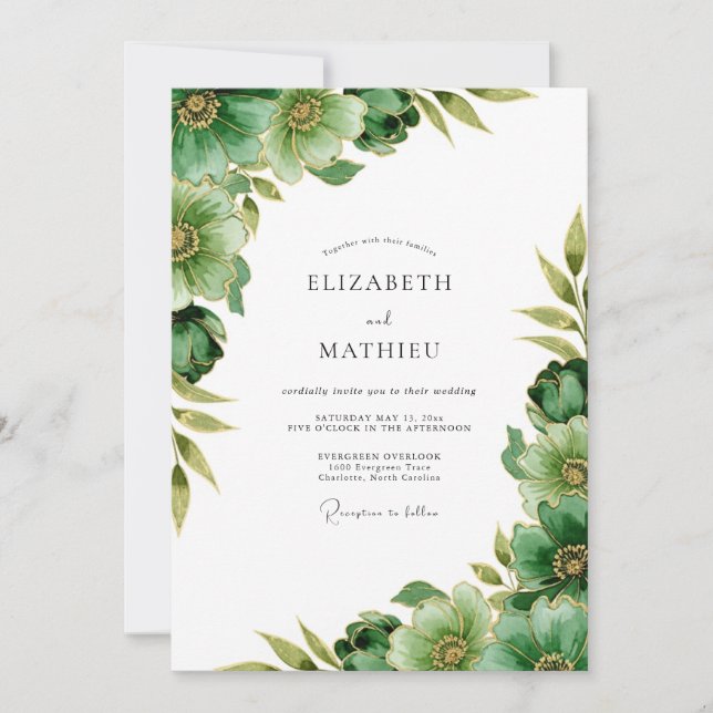 Invitation Mariage Botanique Tranquille Vert Émeraude (Devant)