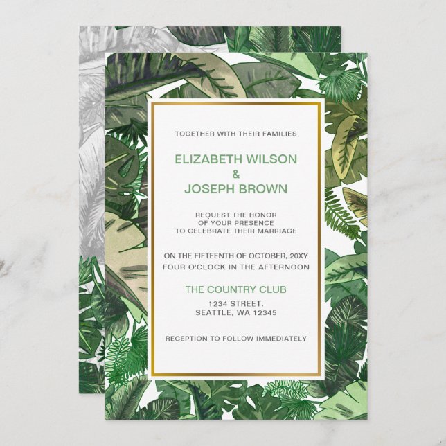 Invitation mariage botanique tropical feuille (Devant / Derrière)