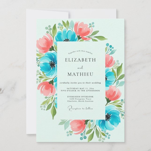 Invitation Mariage Botanique Turquoise Animé (Devant)