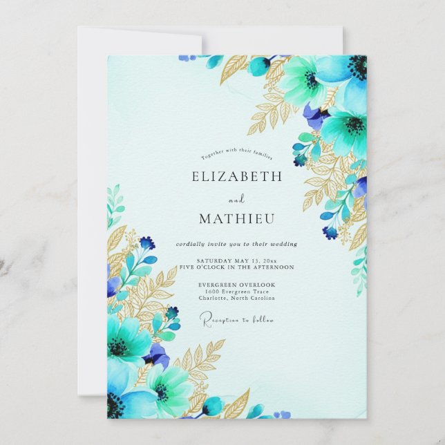 Invitation Mariage botanique turquoise exubérant (Devant)