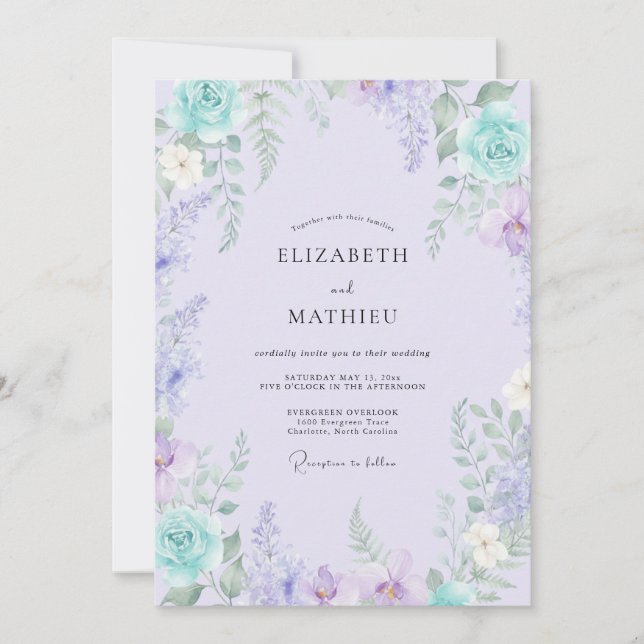 Invitation Mariage Botanique Turquoise Lavande (Devant)