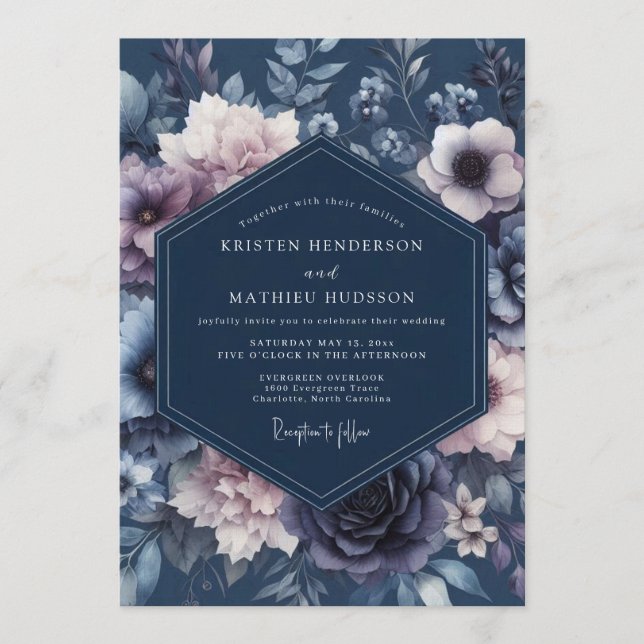 Invitation Mariage Botanique Velouté Bleu Marine (Devant)