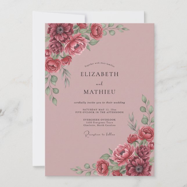 Invitation Mariage Botanique Velouté Bourgogne (Devant)