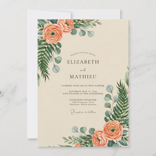 Invitation Mariage Botanique Verdoyant aux Pêches (Devant)